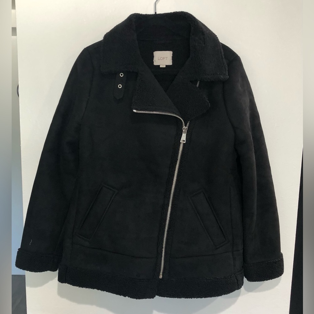 Loft faux suede leather motorcycle jacket, black, size Small.